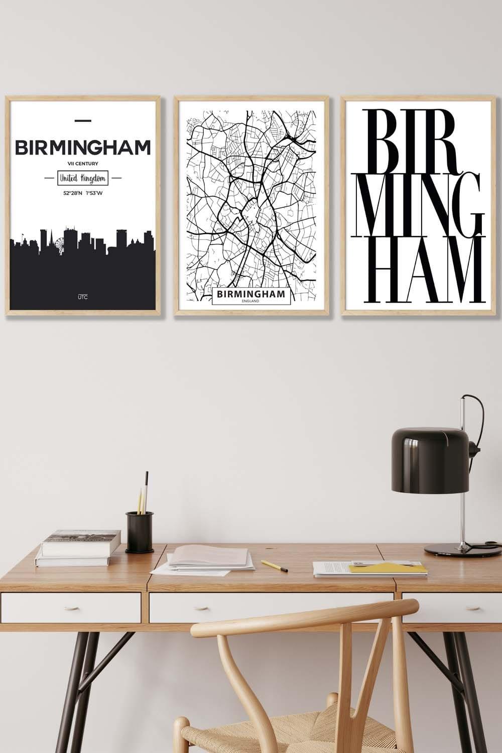 BIRMINGHAM Skyline Street Map City Prints Framed Wall Art - Medium